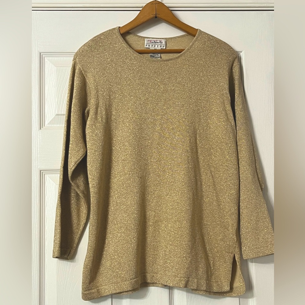Talbots Golden Shimmer Tunic Split Hem Pullover Sweater Women’s Sz Petite Med.